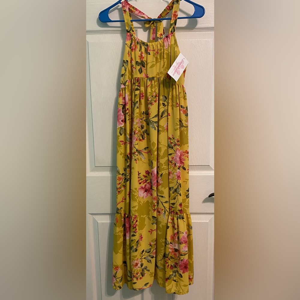 Girl’s Bonnie Jean maxi dress, mustard yellow, pink floral, ruffle bottom, sz 14